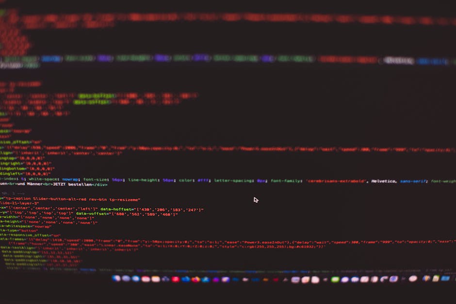 The image depicts a computer screen displaying lines of colorful programming code with syntax highlighting in shades of pink, blue, green, and white on a dark background. The code appears to be JavaSc